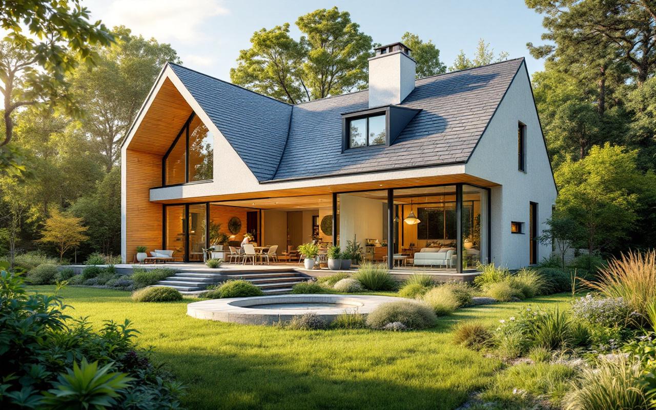 Une maison moderne avec une isolation extérieure, mettant en valeur son efficacité énergétique, entourée de verdure et baignée de lumière du jour, utilisant des matériaux écologiques.