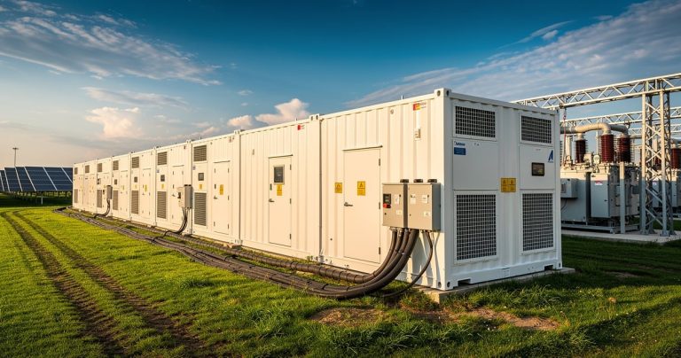 Conteneurs de stockage BESS alignés dans un parc solaire