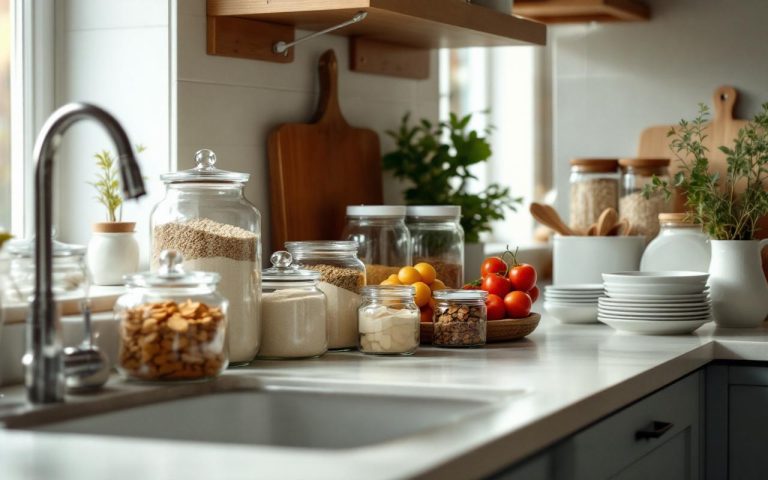 Cuisine lumineuse et organisée avec des bocaux en verre parfaitement rangés, un tri sélectif discret et un plan de travail épuré.