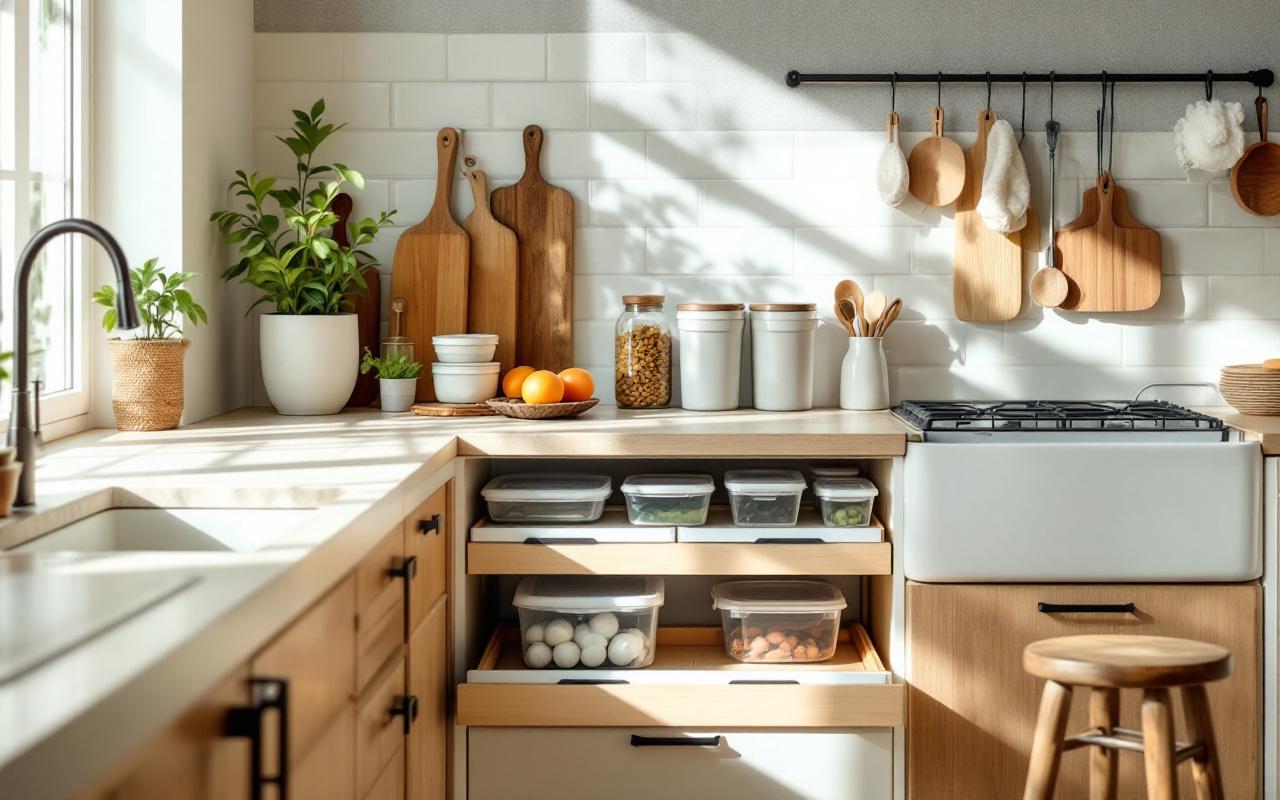 Intérieur de cuisine lumineux avec bac à biodéchets, contenants réutilisables rangés et espace optimisé sous l’évier.