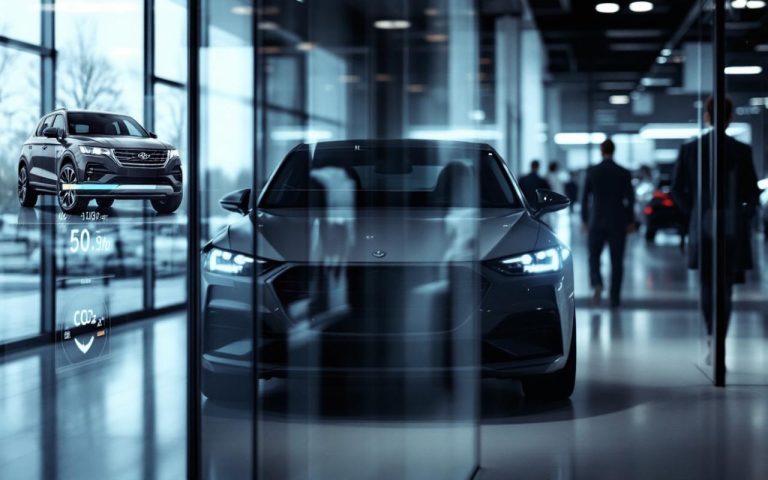 Photo réaliste d’une voiture d’occasion présentée sur un écran de showroom, avec des indicateurs sobres de consommation de carburant et d’émissions de CO2, ambiance journalistique.