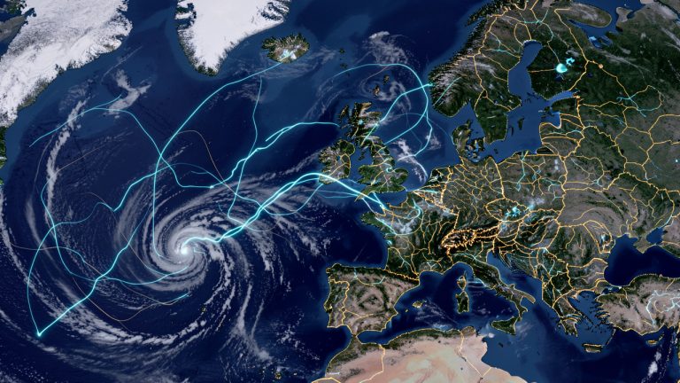 Carte stylisée de l’Atlantique Nord montrant un courant-jet polaire sinueux, plusieurs dépressions atmosphériques et un réseau électrique lumineux reliant l’Europe.