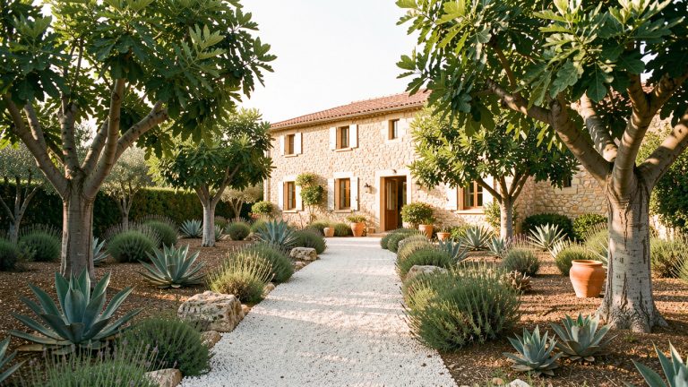 Jardin méditerranéen estival autour d’une maison en pierre dans le Var, avec figuiers, plantes succulentes et allée en gravier.