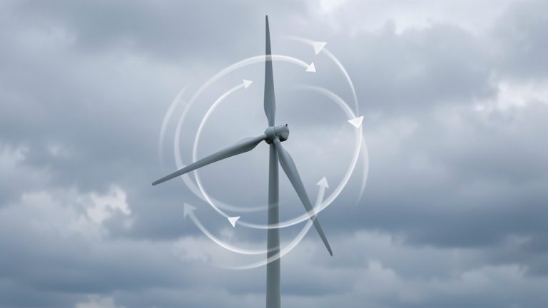 Vue pédagogique d’une éolienne moderne sous un ciel nuageux, avec un schéma discret montrant la circulation de l’air autour de la turbine.