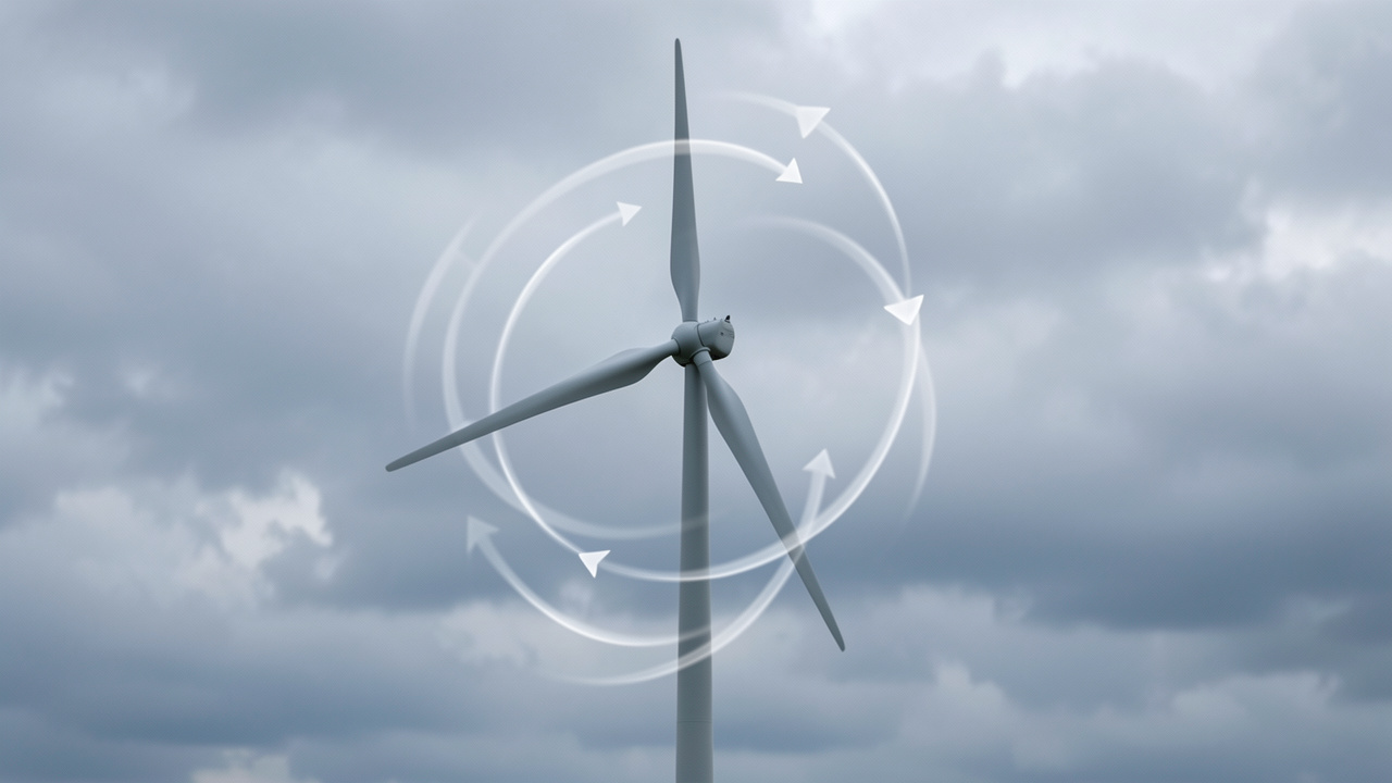 Vue pédagogique d’une éolienne moderne sous un ciel nuageux, avec un schéma discret montrant la circulation de l’air autour de la turbine.