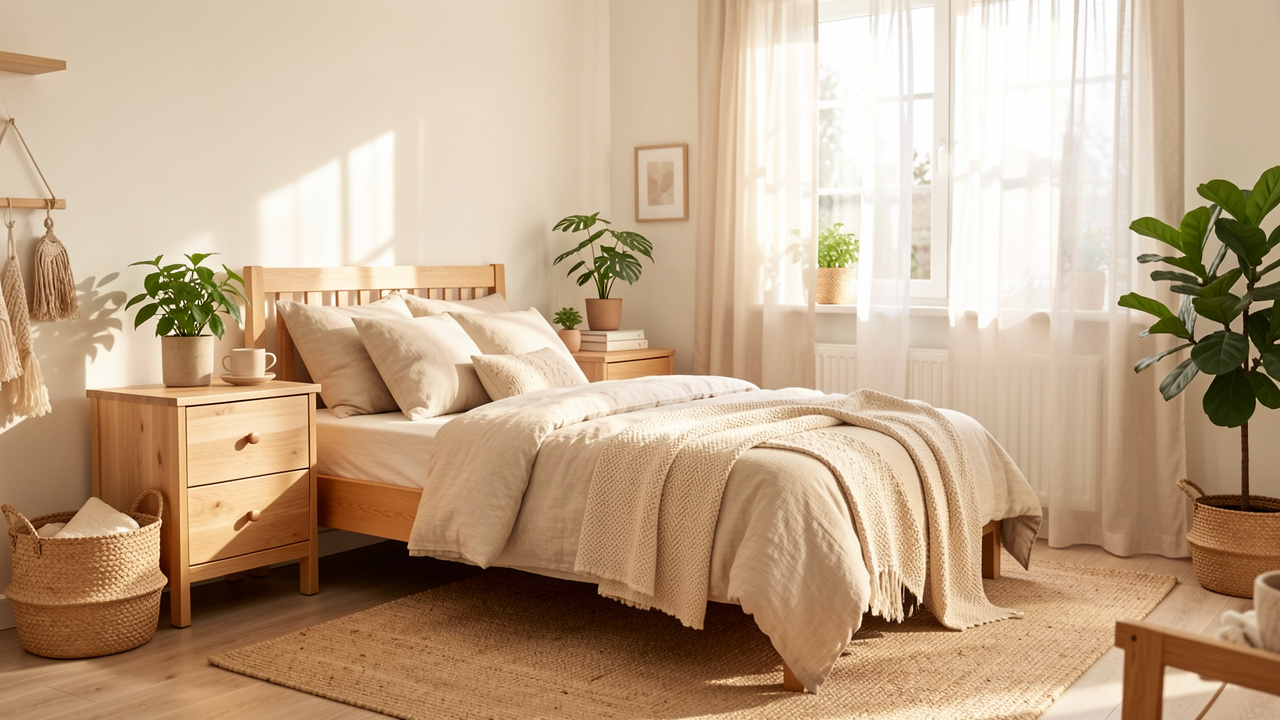 Chambre d’enfant lumineuse avec mobilier en bois naturel, textiles doux, plantes vertes et décoration écologique.