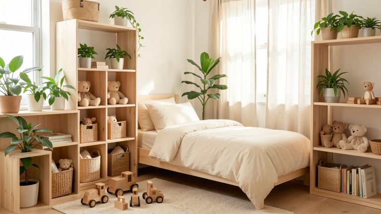 Chambre d’enfant lumineuse en bois naturel avec plantes vertes, rangements durables, jouets en bois et lumière douce.