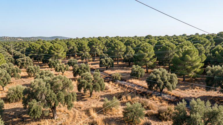 Ligne électrique aérienne traversant une forêt méditerranéenne entretenue, avec une végétation débroussaillée sous les câbles et une lumière estivale naturelle.