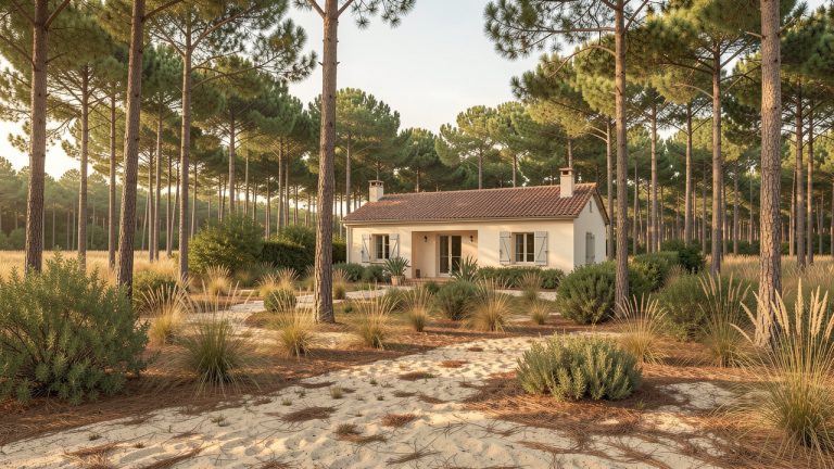 Maison individuelle située en lisière d’une forêt de pins en Gironde, avec un jardin débroussaillé et une végétation sèche soigneusement entretenue sous une lumière estivale.