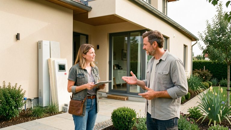 Un homme et une femme propriétaires échangent avec un artisan devant leur maison rénovée, à proximité de matériaux d’isolation et d’un système de chauffage bas carbone.