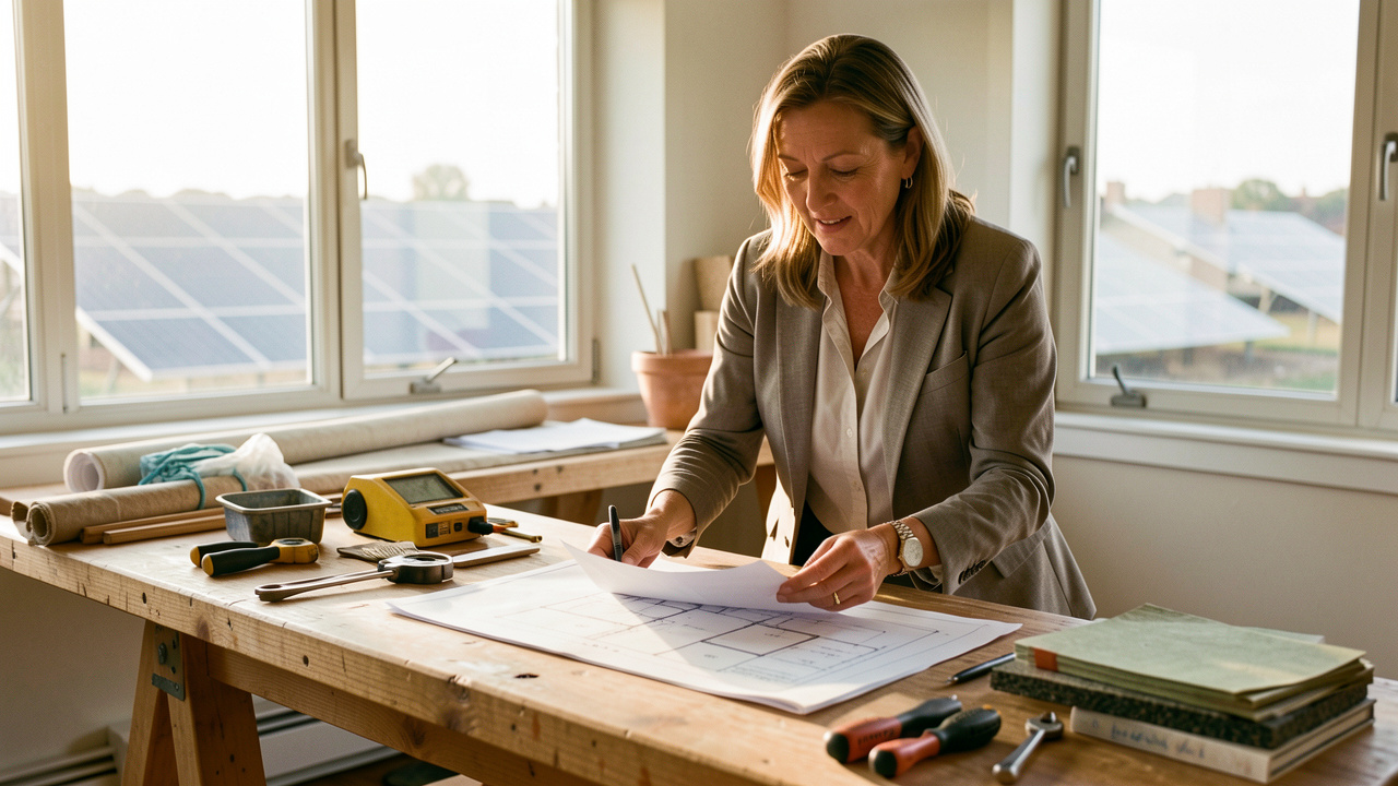Une dirigeante de PME examine des documents énergétiques et un plan de rénovation dans un atelier lumineux, avec des panneaux solaires visibles à l’arrière-plan.
