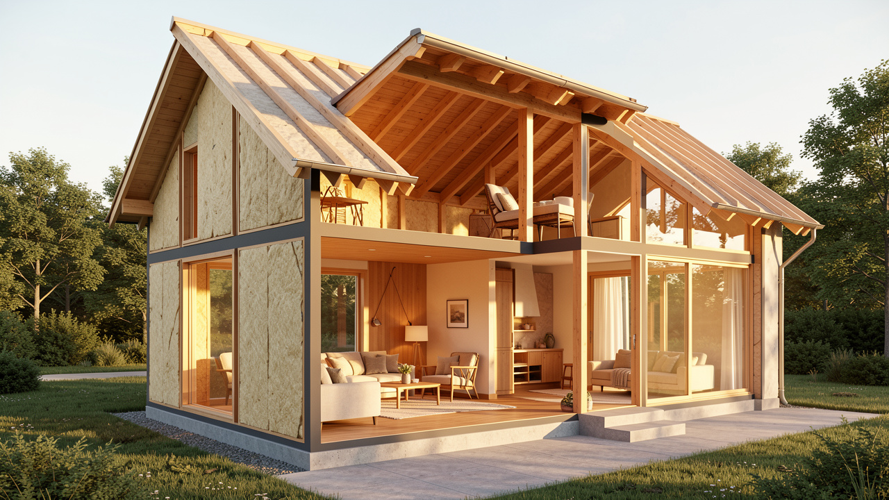 Vue en coupe d’une maison écologique montrant une toiture isolée, des murs performants, la chaleur conservée à l’intérieur et une abondante lumière naturelle.
