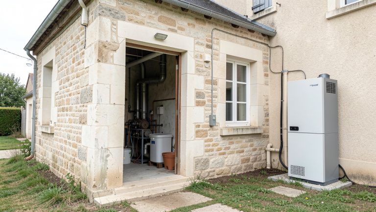 Maison individuelle française en rénovation énergétique, avec ancien local de chaudière au fioul et pompe à chaleur air-eau installée à l’extérieur, éclairée par la lumière naturelle.