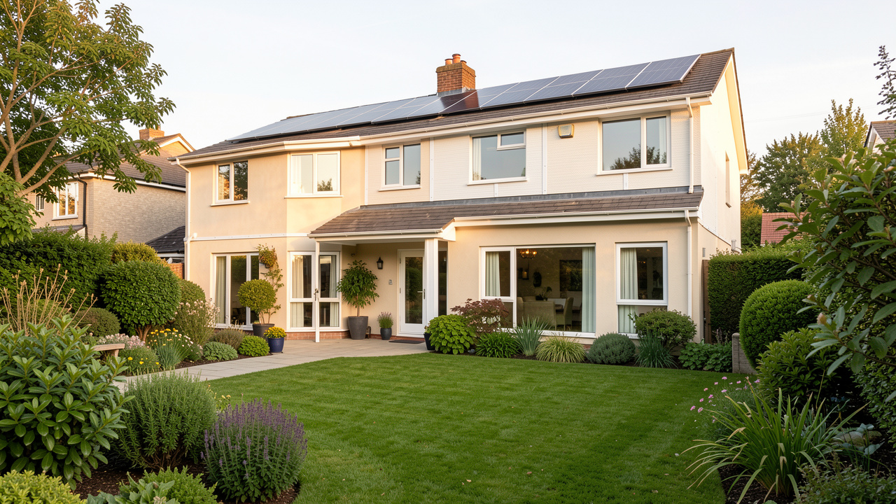 Maison rénovée avec isolation extérieure visible, panneaux solaires sur le toit et jardin verdoyant baigné d’une lumière douce.