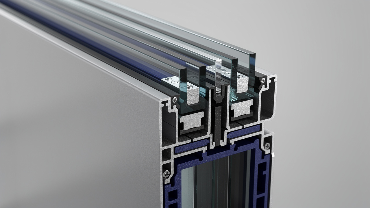 Gros plan en coupe d’une menuiserie performante avec trois vitres, des lames d’argon, des intercalaires isolants et un rupteur de pont thermique visibles.