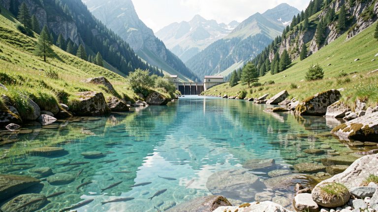 Une rivière de montagne française traverse une vallée verdoyante, avec des poissons visibles dans son eau claire et un barrage hydroélectrique discret en arrière-plan.