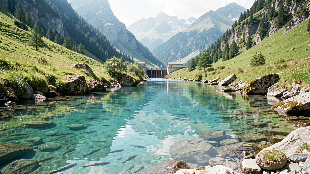Une rivière de montagne française traverse une vallée verdoyante, avec des poissons visibles dans son eau claire et un barrage hydroélectrique discret en arrière-plan.