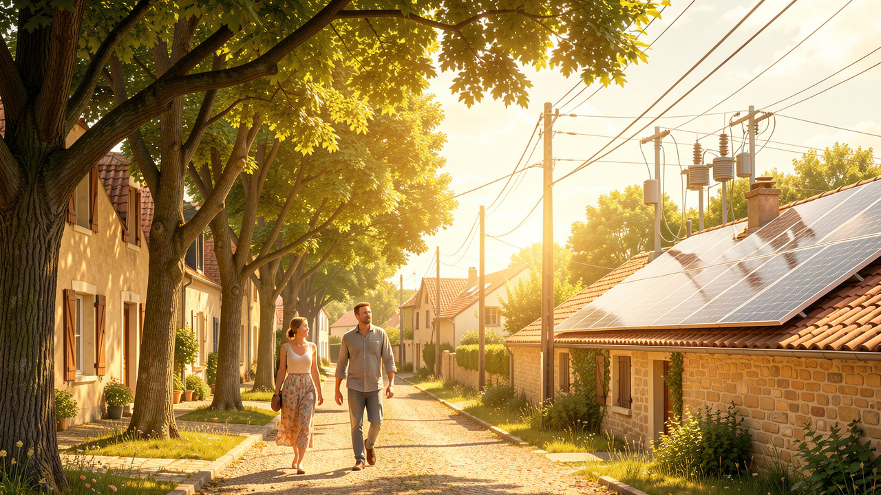 Illustration réaliste d’un territoire français pendant une canicule, avec des habitants sous les arbres, des toits rénovés, des panneaux solaires et un réseau électrique dans une ambiance chaude et constructive.