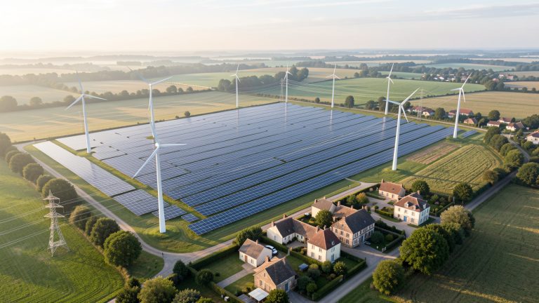 Vue aérienne réaliste d’un territoire français avec un parc solaire, des éoliennes, un réseau électrique et des bâtiments rénovés baignés d’une lumière douce.