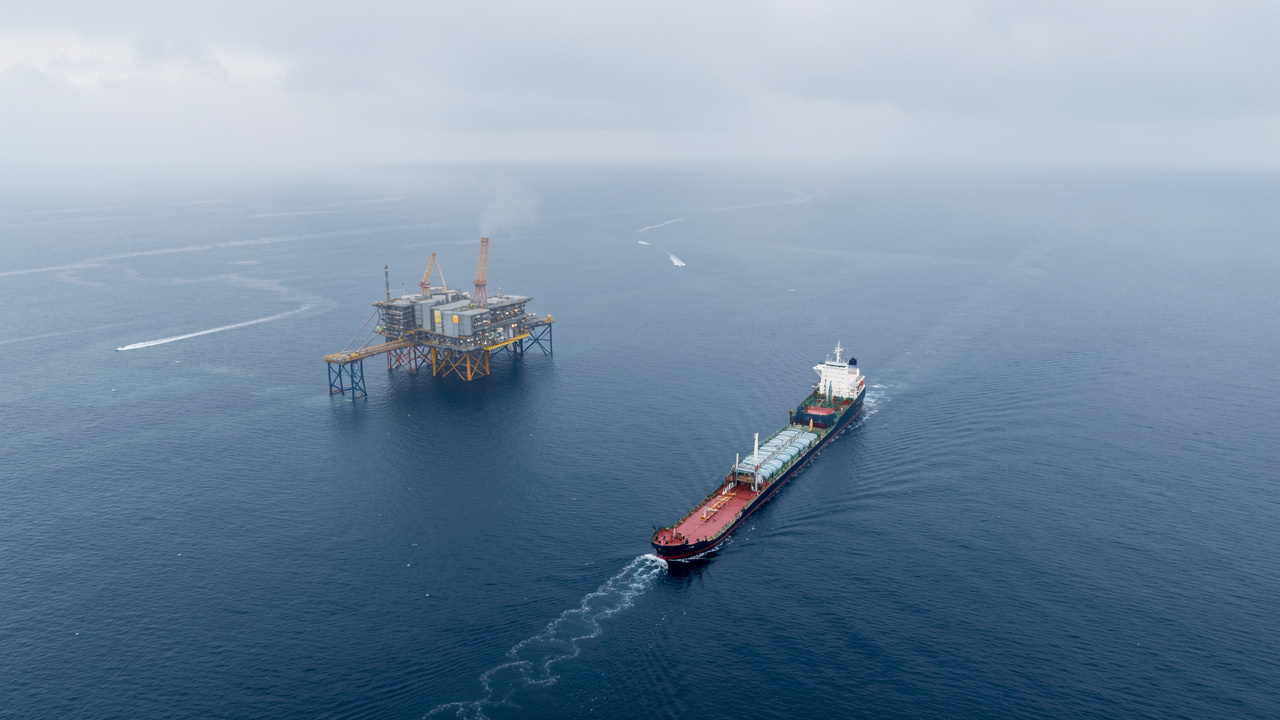 Vue aérienne réaliste de la mer du Nord au large du Danemark, avec une plateforme offshore et un navire transportant du CO2 liquéfié sous une lumière froide.