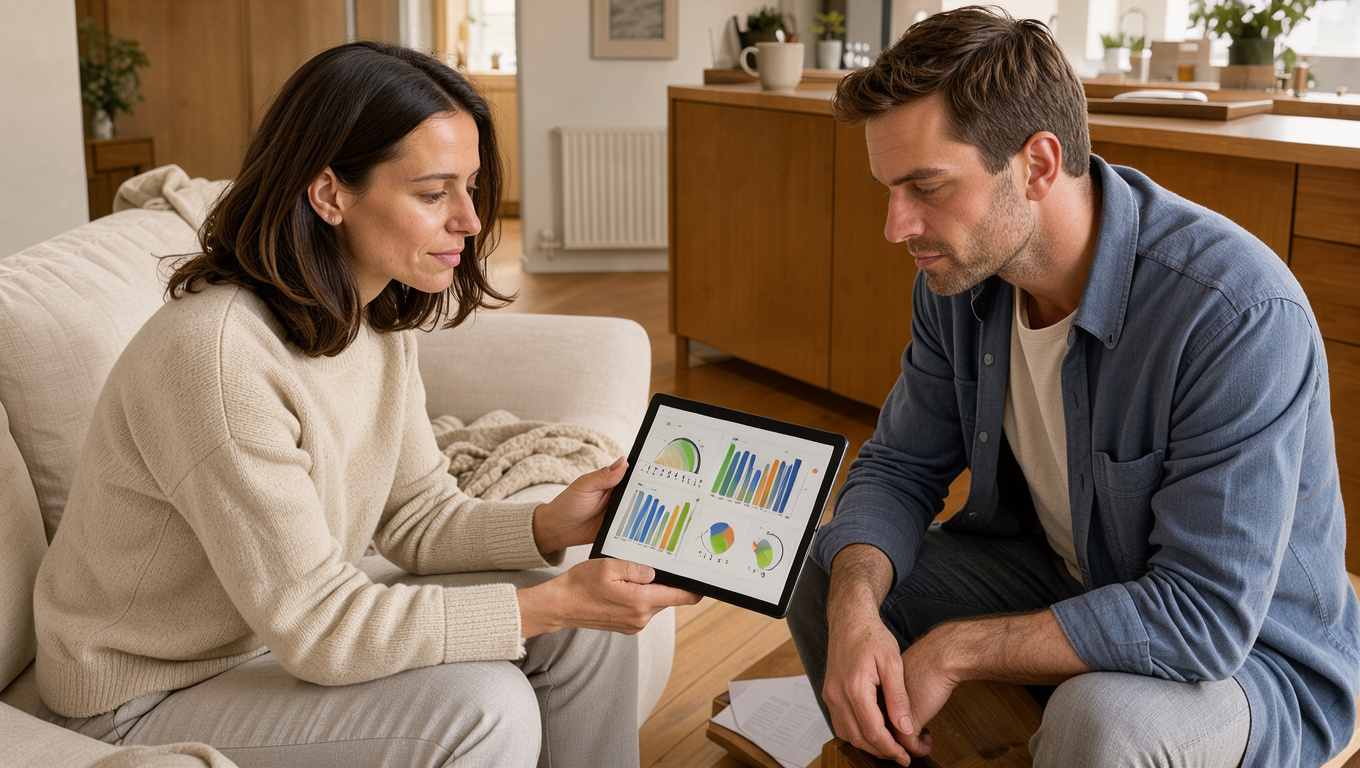 Un couple français consulte une tablette affichant des graphiques énergétiques abstraits dans un intérieur lumineux et réaliste.