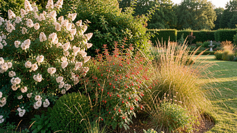 Haie champêtre diversifiée en été sec, composée d’aubépine, de cornouiller sanguin, d’églantier et de hautes herbes, dans un jardin français baigné d’une lumière chaude.
