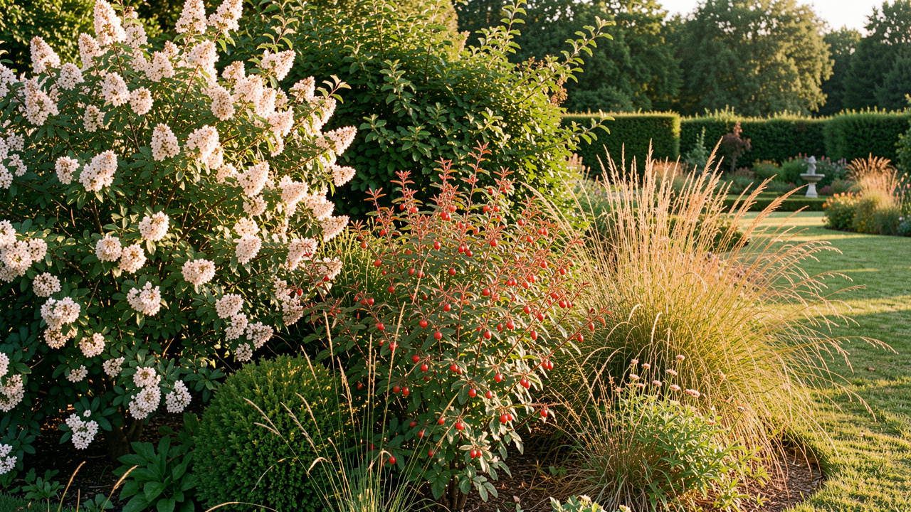 Haie champêtre diversifiée en été sec, composée d’aubépine, de cornouiller sanguin, d’églantier et de hautes herbes, dans un jardin français baigné d’une lumière chaude.