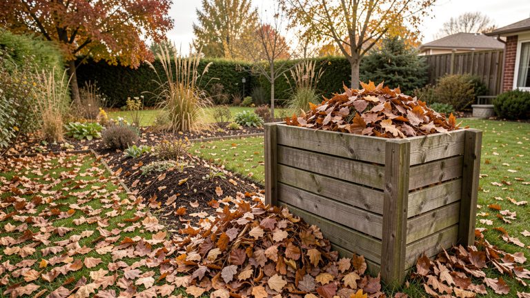 Jardin d’automne avec des feuilles mortes soigneusement ratissées près d’un composteur en bois, baigné d’une lumière naturelle et entouré d’un air clair.