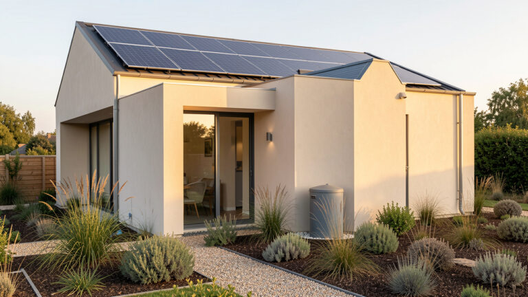 Maison bioclimatique contemporaine équipée de panneaux photovoltaïques, d’une cuve de récupération d’eau de pluie et entourée d’un jardin sobre baigné par la lumière douce de fin de journée.