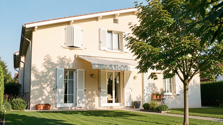 Maison individuelle en été, avec volets fermés, store extérieur abaissé et ombre d’un arbre caduc sur la façade lumineuse.