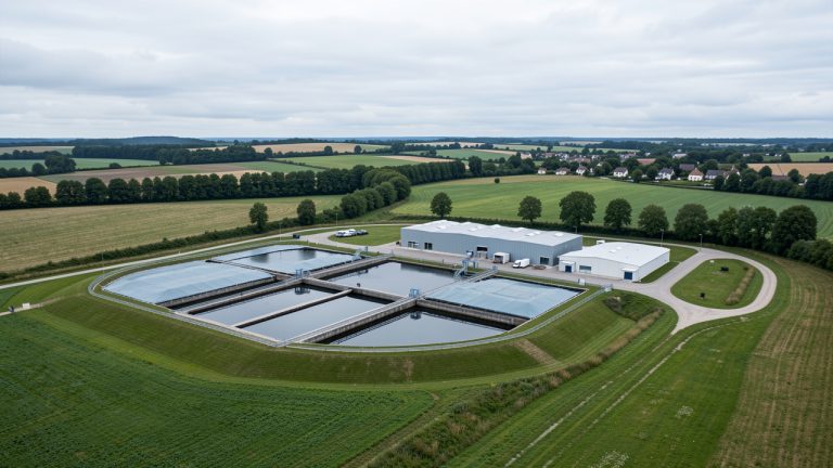 Station de traitement des eaux et réservoir de réutilisation entourés de champs verdoyants dans le paysage vallonné du Centre-Val de Loire.