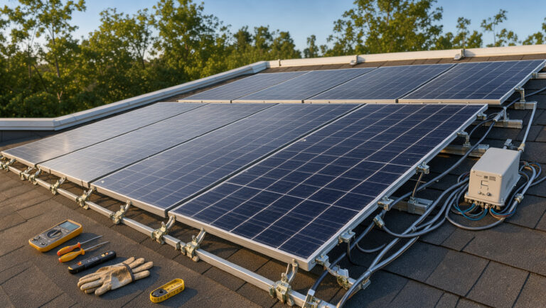 Installation solaire moderne sur le toit d'une habitation, avec panneaux photovoltaïques, onduleur et matériel d'inspection éclairés par une lumière matinale.